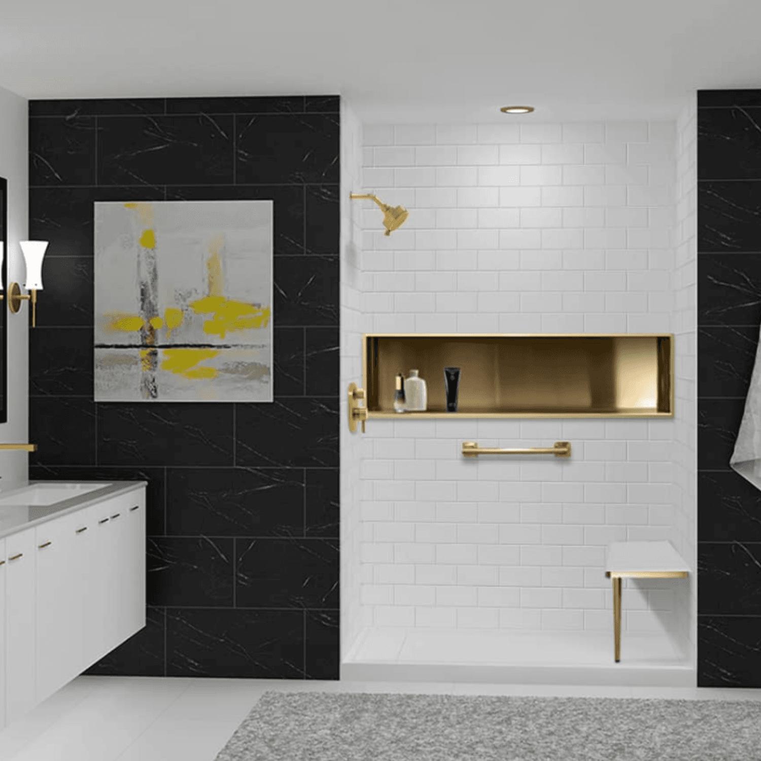 Modern bathroom with black marble walls, white subway tile shower surround, gold fixtures, recessed shelf with toiletries, and yellow abstract artwork in framed mirror
